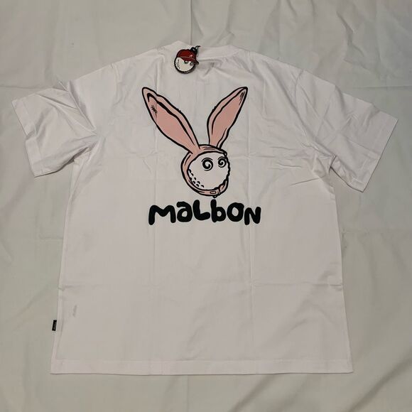 NWT Malbon Golf Sz M Rabbit Pocket SS Logo T-shirt Round 100% Cotton white bunny - Picture 1 of 7